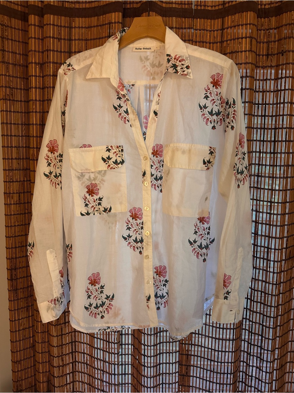 Roller Rabbit White Button-Down Shirt with Pink Floral Print